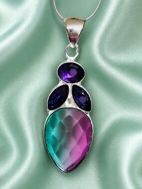 Bi-Color Pear-Shape Pendant with 3 Purple Marquise Accents Bezel Set in Silver